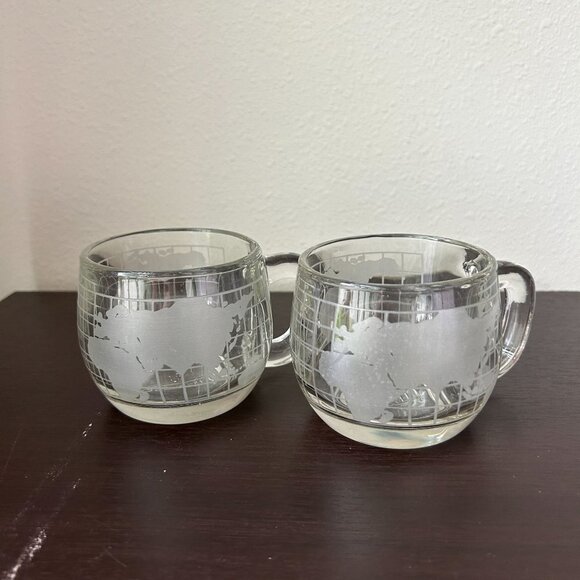 Nescafe Etched Glass World Map Globe Coffee Mug Glass Set of 2 Vintage - Picture 1 of 8